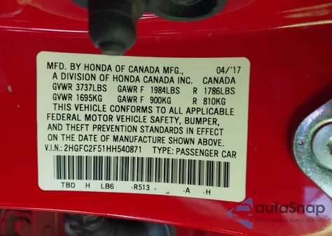 2017 Honda Civic Lx z USA, uszkodzony, nr VIN 2HGFC2F51HH540871